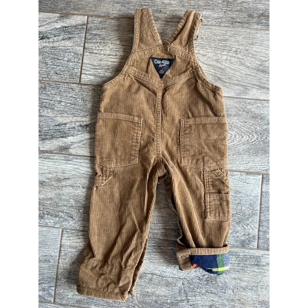 OshKosh B'Gosh Corduroy Overalls 9 Months Tan Plaid Lined Carpenter Baby Infant